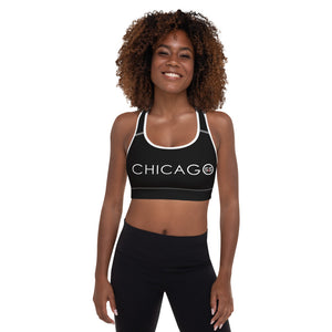 All-Over Print Padded Sports Bra (Black with White and Red S&S Chicago)