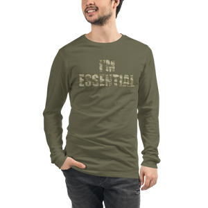“I'm Essential” Unisex Long Sleeve Tee | Bella + Canvas (Green Camo Letters w/ White Letters Inside)