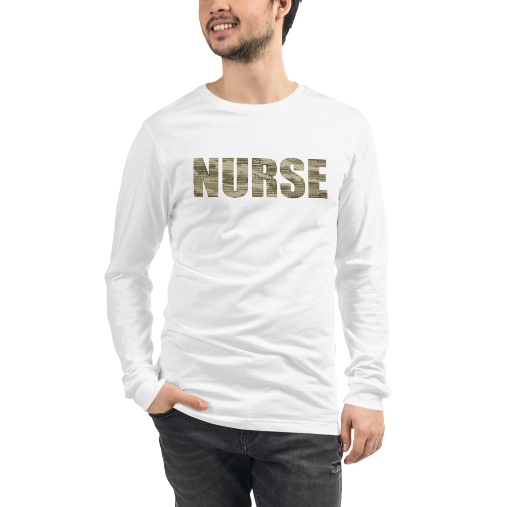 “Nurse Attributes” Unisex Long Sleeve Tee | Bella + Canvas (Green Camo Letters / White Letters Inside)