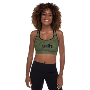Steve Silk Hurley's ssh® Branded Padded Sports Bra (Green Camouflage, Black Trim)