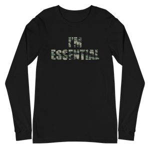 “I'm Essential” Unisex Long Sleeve Tee | Bella + Canvas (Green & Black Camo Letters w/ White Letters Inside)