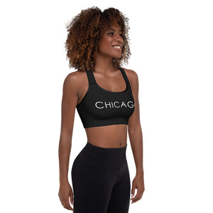 All-Over Print Padded Sports Bra (Black with White and Red S&S Chicago)