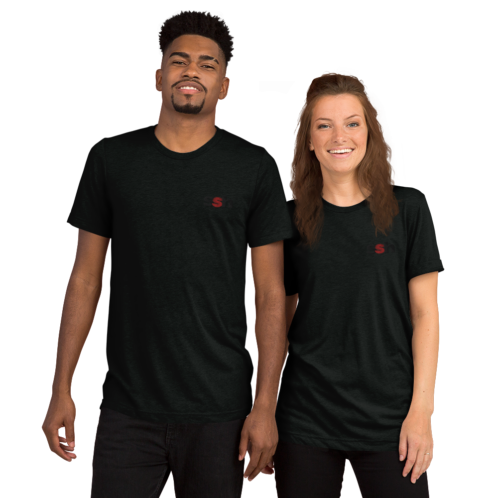 Steve Silk Hurley's ssh® Branded Premium Embroidered Unisex Tri-Blend T-Shirt | Bella + Canvas (Blk & Red ssh)