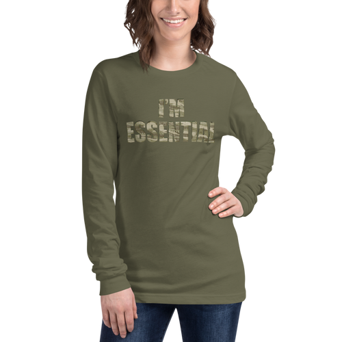 “I'm Essential” Unisex Long Sleeve Tee | Bella + Canvas (Green Camo Letters w/ White Letters Inside)