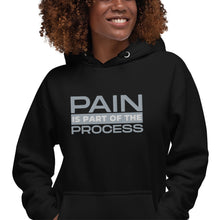 "Pain Is Part Of The Process" Embroidered Unisex S&S Hoodie (Grey & White Embroidery)